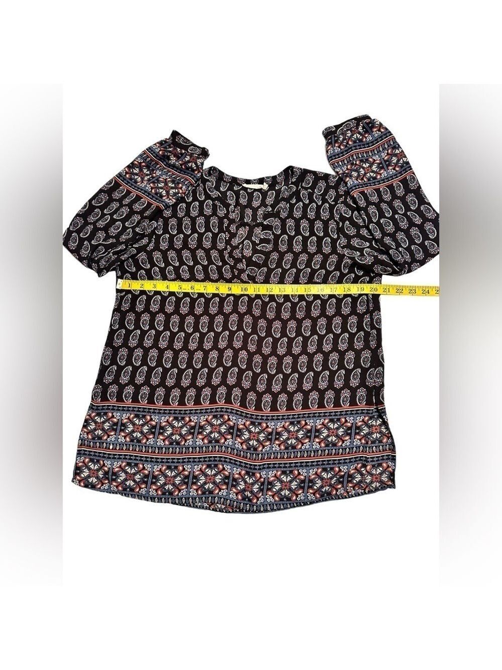 Lush Paisley Summer Sheer Blouse Womens Medium Black, Blue, Red Long Sleeves - Picture 7 of 16
